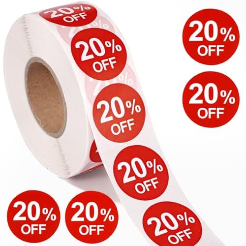Image of Tinoaly 1000pcs 20% Discount Stickers, 1 Inch Round Self Adhesive 20 Percent Off Stickers Practical Promotion Labels Sales Tags for Retail Store Supermarkets Shops (Red)