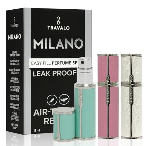 Image of Travalo Milano Perfume Atomizer Bundle - Leak-Proof and TSA Approved for Air Travel - Reusable, Easy Fill Mini Pump Sprayer - Vegan Leather w/Polished Metal - White, Aqua, Perfect Pink - 3 Pack