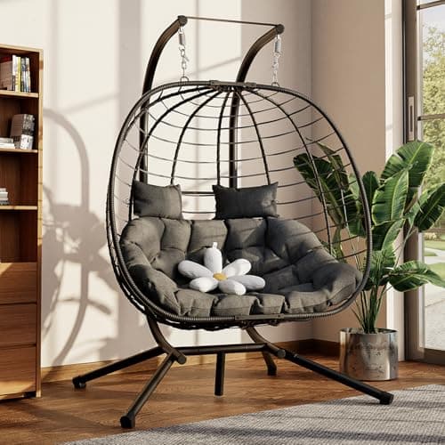 Image of Amopatio Double Egg Chair with Metal Stand & Cushion, 2 Seaters Rattan Wicker Swing Chair Indoor Outdoor, Foldable Hanging Chair for Garden,Patio, Balcony, Porch (Black)