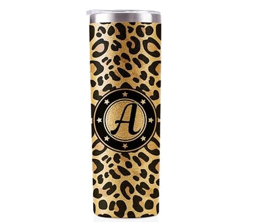 Image of Onebttl Personalised Leopard Print Cup With Initial - Unique Gift for Women - Birthday, Christmas Ideas - 591ml Vacuum Tumbler With Lid and Straw - Glitter - A