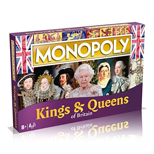 Image of Winning Moves Kings and Queens of Britain Monopoly Board Game, Advance to Alfred the Great, Henry VIII, Victoria and Elizabeth II, expand your empire and trade your way to success, for ages 8 plus