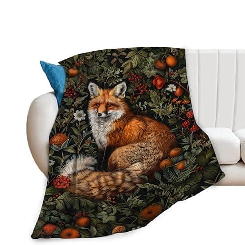 Image of Fox Vintage Forest Decor Throw Blanket - Comfy Plush Flannel Fleece Warm Soft Fluffy Fuzzy Winter Blanket - Fox Lover Gifts for Girls, Boys, Women, Teens, Adults - Bed, Sofa, Couch - 40"X50"