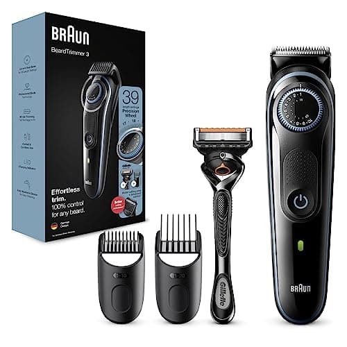 Image of Braun Men's Beard Trimmer Series 3 & Hair Clippers with Gillette Fusion5 ProGlide Razor, 39 Length Settings, UK 2 Pin Plug, BT3240, Black/Blue