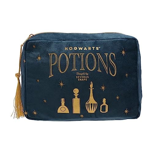 Image of Harry Potter Potions Wash Bag | Official Warner Bros Hogwarts Toiletry Bag with Tassel Zip | Blue Velvet Severus Snape Potion Bottle Cosmetic Pouch for Travel or Gifts