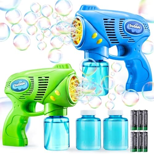 Image of JOYIN 2 Bubble Guns with 2 Bottles Bubble Refill Solution (260ml Total), Bubble Machine for Toddlers 3+, Bubble Blaster Party Favors, Summer Toy, Outdoors Activity, Easter, Birthday Gift(Blue+Green)