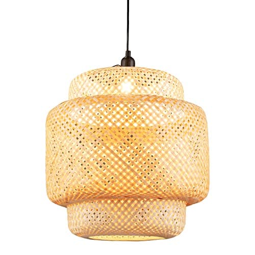 Image of COSTWAY Bamboo Ceiling Light, Hand Woven Lampshade Hanging Pendant Light, Retro Decorative Chandelier Ceiling Lamp for Restaurant Living Room Coffee Farmhouse