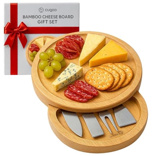 Image of CUQOO Bamboo Cheese Board Set with 3 Knives & Fork – Wooden Charcuterie Board, Cheeseboard Gift Set for Serving, Grazing, Cheese Boards & Knives, Cheese Platter for Cheese Lovers