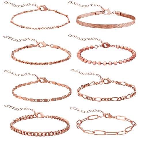 Image of GUJOXILA 8pcs Rose Gold Bracelets for Women Ladies Rose Gold Plated Bracelet Set Adjustable Stack Layered Dainty Link Chain Bracelets for Girls