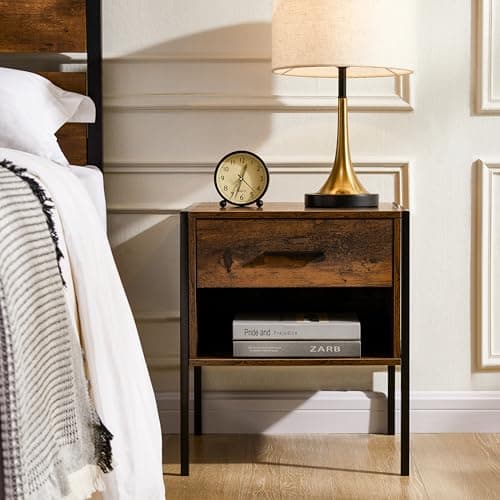 Image of Vida Designs Brooklyn Bedside Cabinet Nightstand Side Table Industrial Bedroom Furniture Storage (Dark Wood, 1 Drawer)