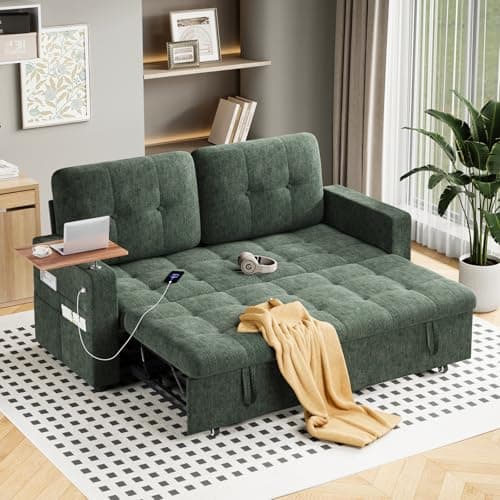 Image of Jooli H Sofa Bed Double, 3-in-1 Convertible Fabric Pull Out 2 Seater Sofa with Swivel Removable Side Table, 5-Position Adjustable Backrest, Side Pockets and USB for Living Room, Guest Room, Green