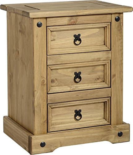 Image of Corona Solid Wood Pine Bedside Cabinet LARGE 3 Drawer Wooden Bedroom Lamp Table Night Stand End Unit Living Room Lounge Hallway Mexican Style 67cm High 53cm Wide 39cm Deep