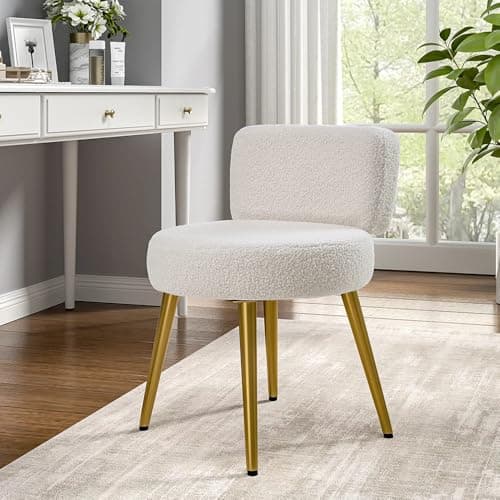 Image of Teddy Velvet Dressing Table Stool with Low Backrest, Cream Upholstered Vanity Chair with Champagne Gold Metal Legs, Comfortable Makeup Seat for Bedroom, Living Room, Hallway