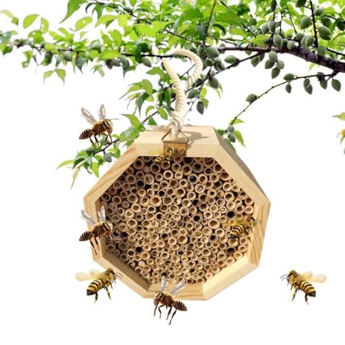 Image of Wooden Bee Hotel – Natural Beehive Habitat For Pollinators | Creative Mating Box For Chinese & Italian Honeybees | Outdoor Garden Pollination Palace Solitary Bees, Wasps & Butterflies – Wood