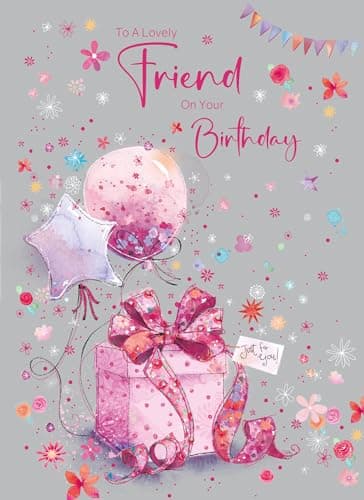 Image of Cherry Orchard | To a Lovely Friend Birthday Card | Pink Presents & Balloons | Flowers & Stars | Birthday Card for Friend | Complete with Envelope