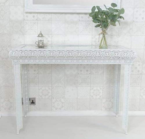 Image of DOWNTON INTERIORS White Moroccan Style Embossed Metal Mirrored Glass Console Side Hall Dressing Table (GZ445) Part of the AGADIR Collection
