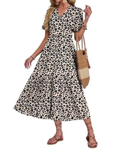 Image of AUSELILY Summer Leopard Dresses for Women UK V Neck Maxi Dresses Ladies Ruffle Short Sleeve Swing Casual Long Beach Dress with Pockets XL