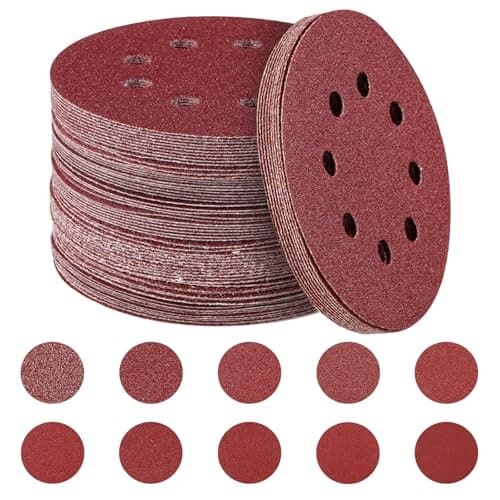 Image of HYCHIKA 100PCS Sanding Discs, 125mm Orbital Sander Discs, 8 Holes 5 Inch Hook and Loop 40/60/ 80/100/120/150/180/240 /320/400 Grit Sandpaper Assortment for Orbital Sander
