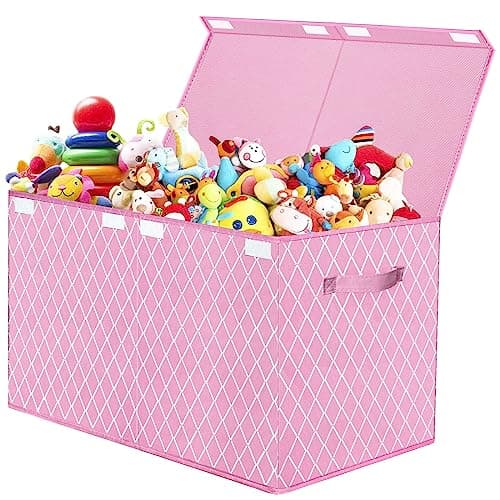 Image of VERONLY Toy Box Chest Organizer Bins for Girls Boys, Large Fabric Collapsible Storage Basket Container with Flip-Top Lid & Handles for Clothes, Blanket, Nursery, Playroom, Bedroom (Pink)