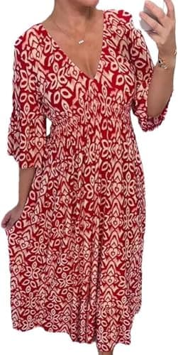 Image of GuyAna V-Neck Floral Dress,Women's Plus-Size Super Fairy V-Neck Floral Dress Beach Holiday Beach Skirt Long Skirt (red,XL)