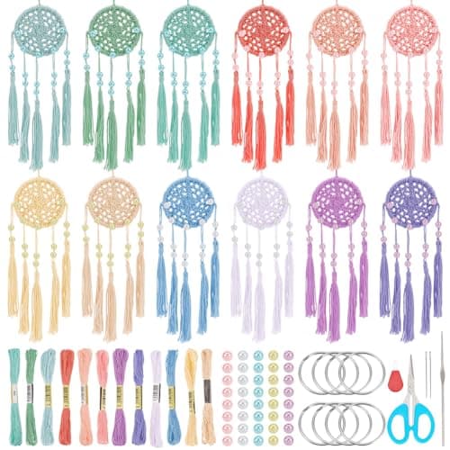 Image of 12set Crochet Mini Dream Catcher Kit DIY Small Dream Catchers Make Your Own Dream Catcher Kits 6 Inch for Adults with for Teen Room Wall Hanging Car Ornaments