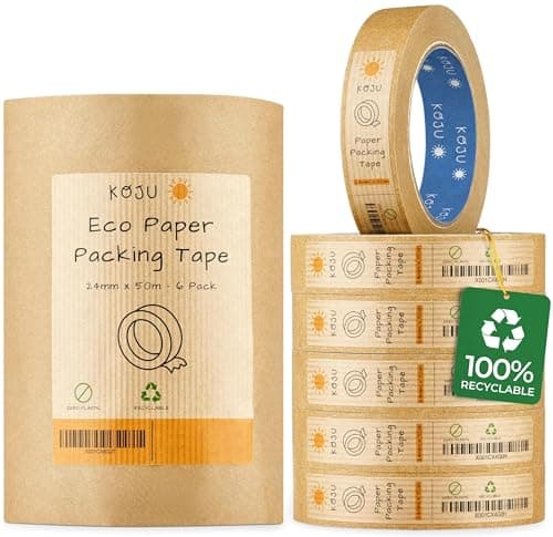 Image of Koju Kraft Paper Packing Tape 24mm x 50m | 1/3/6/36 packs | Eco Friendly & Recyclable Brown Paper Tape for Parcel Packing & Picture Framing | 6 Pack