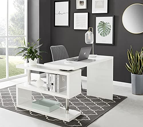 Image of Furniturebox UK White Computer Desk - Siena White High Gloss Modern Rotating Computer Desk 120cm x 50cm