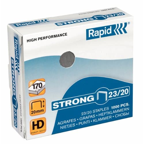 Image of Rapid 23/20mm Strong Staples, For Stapling 140-170 Sheets, Use with Heavy Duty Staplers, Galvanised Wire, Box of 1000, 24870400