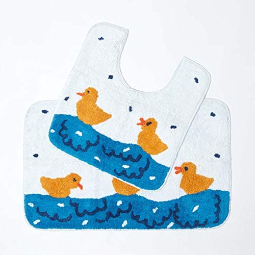 Image of HOMESCAPES Duck Pond Bath Mat and Pedestal Mat Set, 45x75cm and 45x50cm, 1400 GSM rug in 100% Cotton, Non Slip Spray Back, Washable at Home