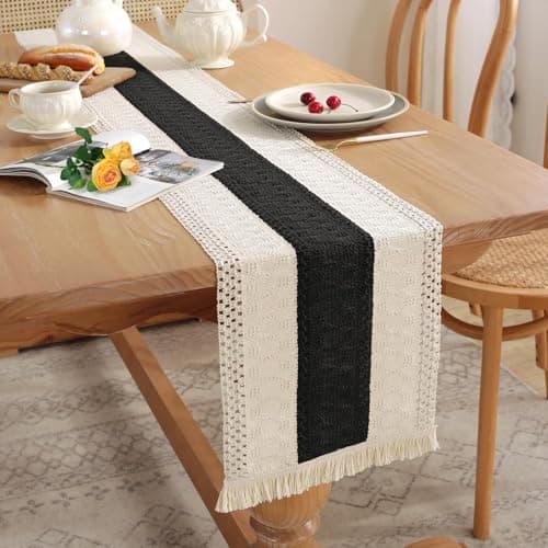 Image of Boho Table Runner with Tassels, Woven Cheesecloth Bohemian Decor for Home Dining, Weddings, Parties (Black, 180X30 CM)