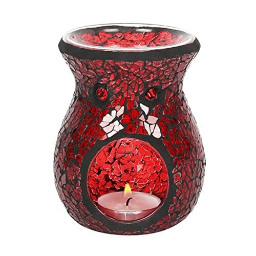 Image of Red Crackle Glass Oil Burner- Small, Lustre Mosaic Wax Melt Burner Single Tea Light Candle Holder Aroma Gift Lamp, for Women Men