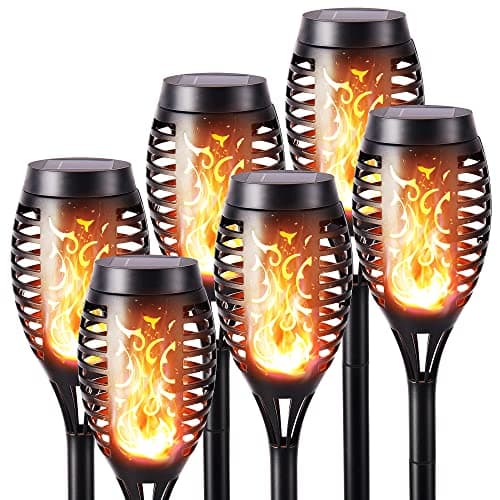 Image of Geemoo 6 Pack Solar Flickering Dancing Flame Lights Waterproof Solar Torch Lights for Outdoor Garden Patio Pathway Yard Driveway Decorative, Warm White