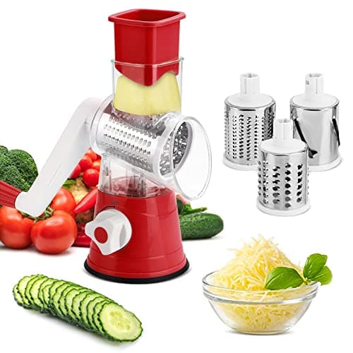 Image of Trintion Rotary Vegetable Shredder 3 in 1 Rotary Cheese Grater Round Vegetable Mandoline Blades Handheld Fruit Vegetable Slicer Shredder for Fruit Nut and Vegetable Grate (Red)
