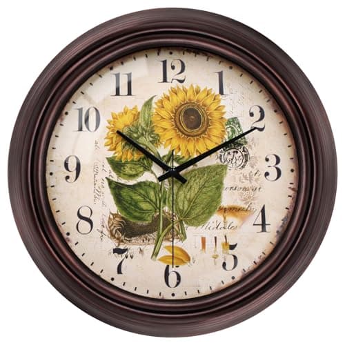 Image of VIKMARI 12 Inch Sunflower Wall Clock Large Silent Non Ticking Vintage Clock for Kitchen Living Room Bedroom Office
