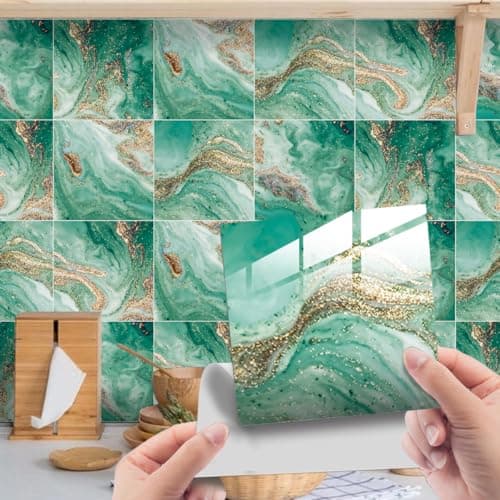 Image of HORIWE Tile Stickers Marble Adhesive Tile Art Wall Decal Sticker DIY Kitchen Bathroom Backsplash Home Decor PVC Waterproof Oil Proof New 8x8 Inches 20pc
