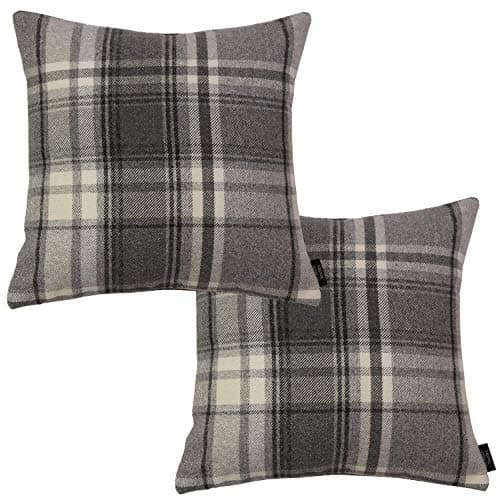 Image of McAlister Textiles Set of 2 Heritage Charcoal Grey Tartan Check Cushion Covers Square Throw Pillows for Bed or Sofa 43x43 Cm - 17x17 Inches