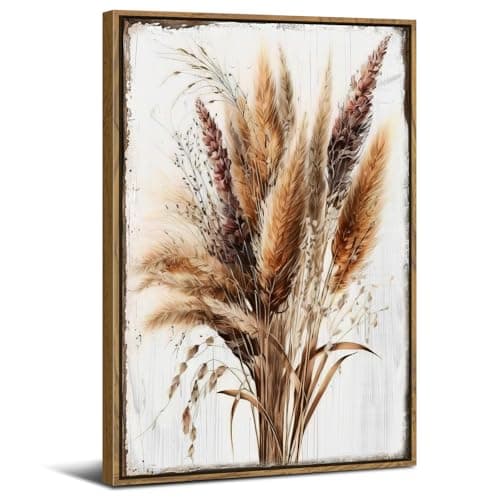 Image of Framed Boho Wall Art Vintage Picture Decor, Wooden Painting Prints, Bohemian Nature Wall Decor, Leaf Landscape Bathroom Wall Decor, Fall Artwork for Kitchen Bedroom Living Room Home Decoration(16x24)