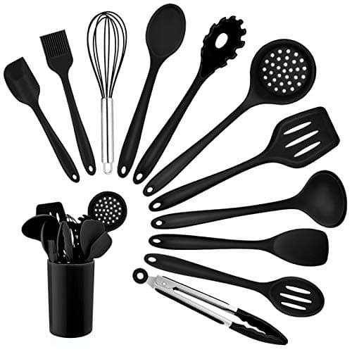 Image of Kitchen Utensil Set, Homikit 12 Piece Cooking Utensils, Silicone Kitchen Utensils Set with Holder, Heat Resistant Kitchen Tools Include Spoons Turner Spatula Ladle Tong for Non-Stick Cookware, Black