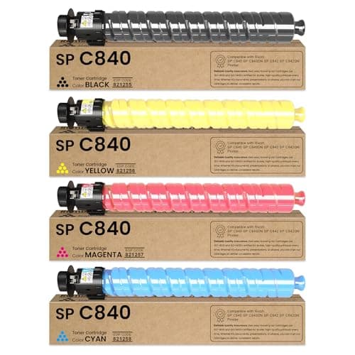 Image of SP C840 C842 Toner Cartridge 4-Pack (Black Cyan Magenta Yellow) Remanufactured 821255 821256 821257 821258 Replacement for Ricoh SP C840 C840DN C842 C842DN Printer Toner Cartridge