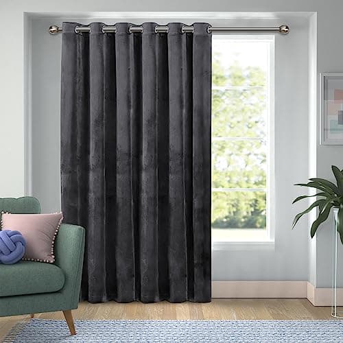 Image of Yorkshire Bedding Velvet Blackout Curtains for Bedroom Grey 66x84 Inch Room Darkening Eyelet Curtain for Living Room Super Soft 1 Panel Curtain + Tie Back