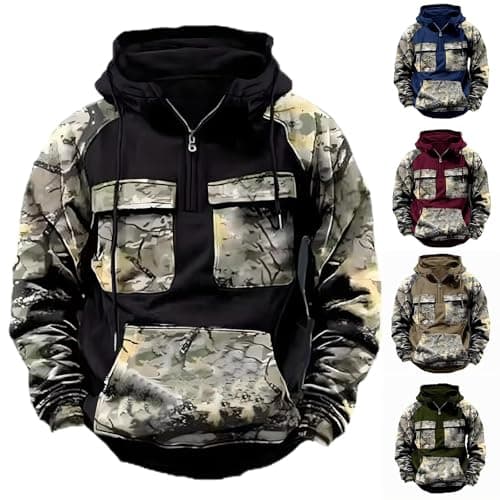 Image of Cargo Hoodies For Men Uk 1/4 Zip Pullover Camo Hooded Sweatshirt Multi Pocket Oversize Combat Tactical Work Hoodies Long Sleeve Casual Hoody Outdoor Fleece Work Hoodie M-3Xl