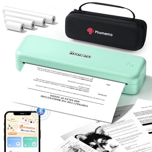 Image of Phomemo M834 Portable Printer, Thermal Printers A4 Compatible with Phone & Laptop, Bluetooth Inkless Printer for Home Use, Mobile Printers Includes Carry Bag and 4 Rolls of Thermal Disposables, Green
