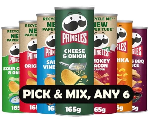 Image of Pringles Crisps Variety Pack – Pick & Mix Any 6 Flavours – 165g Tubs – Cheese & Onion, Sour Cream & Onion, Salt & Vinegar, Original, Smokey Bacon, Paprika, Texas BBQ Sauce, Prawn Cocktail.