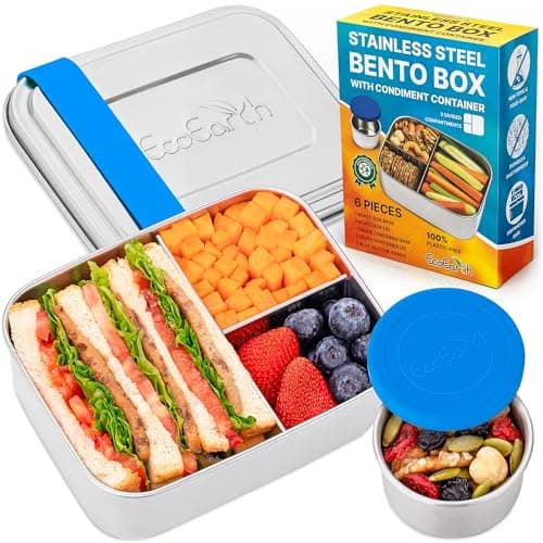 Image of EcoEarth - Stainless Steel Bento Box - 800 ml, Blue - Leakproof Lunch Boxes for Adults with 3 Compartments - Small Tin Containers with Condiment Cups - Work Snack Box - Food/Salad Storage Container