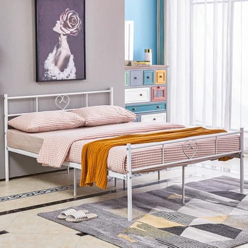 Image of buybyroom Double Metal Bed Frame, 4ft 6 Bed Frame with Headboard, Footboard and Solid Slatted Base, 80cm Height, Fit for 140 x 190 cm Mattress, White