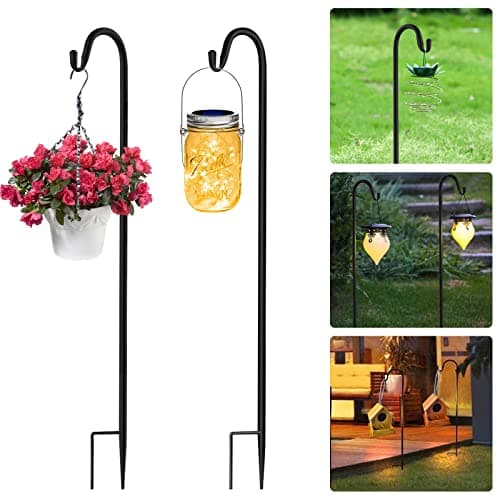 Image of AKOFIC 2 Pack Shepherds Crook Hooks, 100cm/39.4in Adjustable Height Shepherds Hooks with Base, Metal Garden Stake Border Hook Hangers for Garden Lights Plant Baskets Weddings Lanterns Bird Feeder