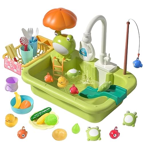 Image of cute stone Play Sink with Running Water, Kitchen Sink Toys with Upgraded Electric Faucet, Play Kitchen Toy Accessories, Pool Floating Fishing Toys for Water Play, Kids Role Play Dishwasher Toy
