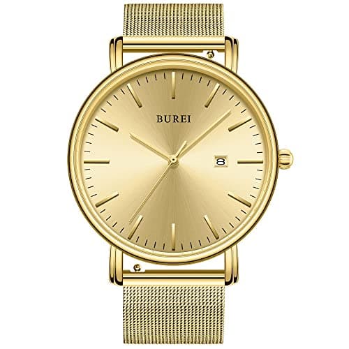 Image of BUREI Men's Watches, Classic Analogue Dial with Date Japanese Quartz and Ultra-Thin Stainless Steel Mesh Band (Black Blue Gold, Stainless Steel)