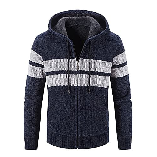 Image of Mens Hoodie Knitted Cardigan Fleece Lined Knit Sweater Jacket Full Zip Long Sleeve Chunky Knitwear Drawstring Hoody Jumper Autumn Winter Thick Warm Coat Casual Fashion Outerwear Top Navy