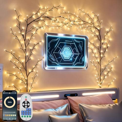 Image of Willow Vine Lights for Wall Decor : 2.3M 144 LED Tree Branch Light with App & Remote Control, Music Sync -Dimmable Timmer DIY Vine Fairy Lights for Bedroom Art Party Christmas Decorations- Warm White
