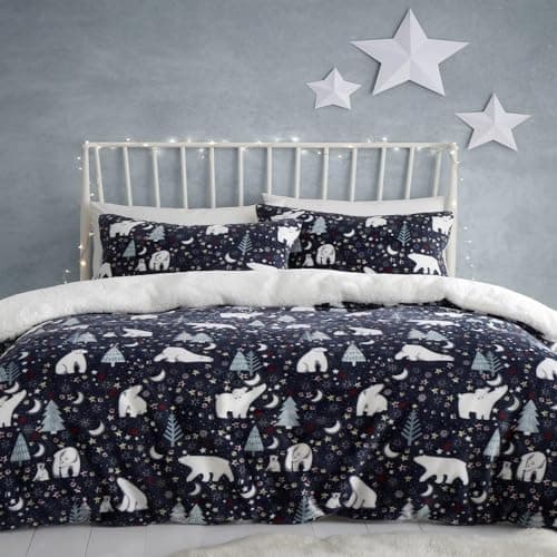 Image of Fusion Christmas Duvet Cover – Single Size (140 x 200cm) – Starry Night & Polar Bear Design – Reversible – Navy Blue Festive Bedding with Arctic Bears & Trees – Includes 1 Pillowcase